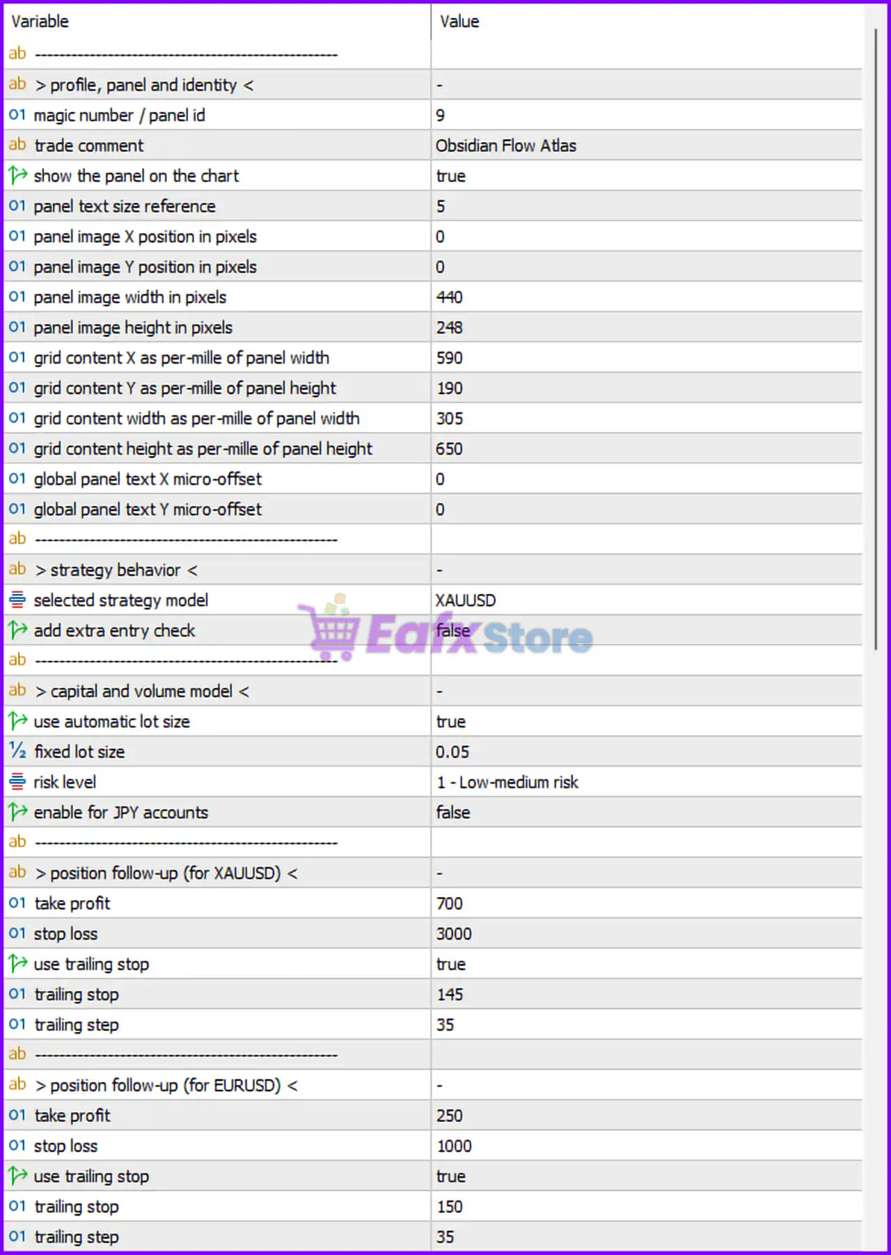 Obsidian Flow Atlas EA MT5 Settings Panel