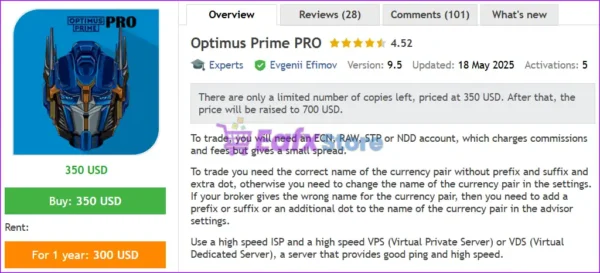 Optimus Prime PRO EA MT4 Overview