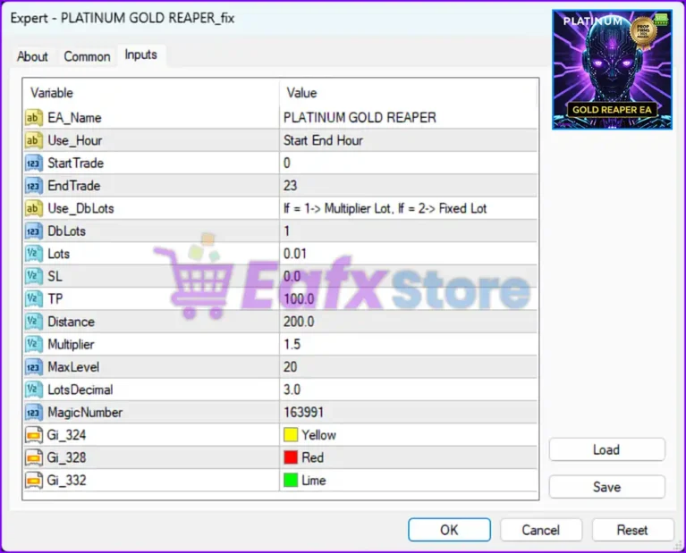 PLATINUM GOLD REAPER EA Settings Panel