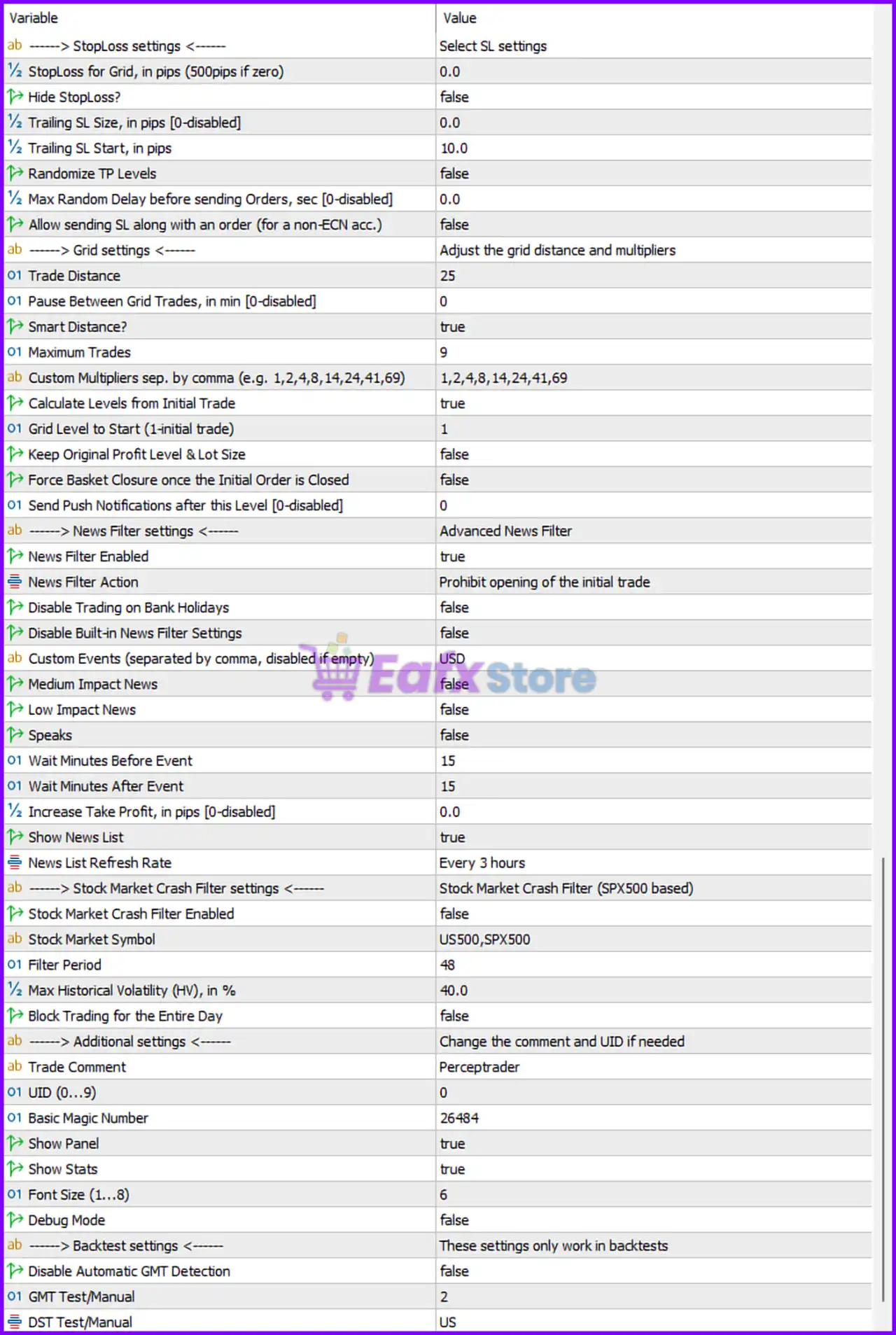 Perceptrader AI MT5 EA Settings Panel