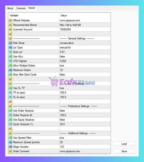 Pips Sure EA MT4 Settings Panel