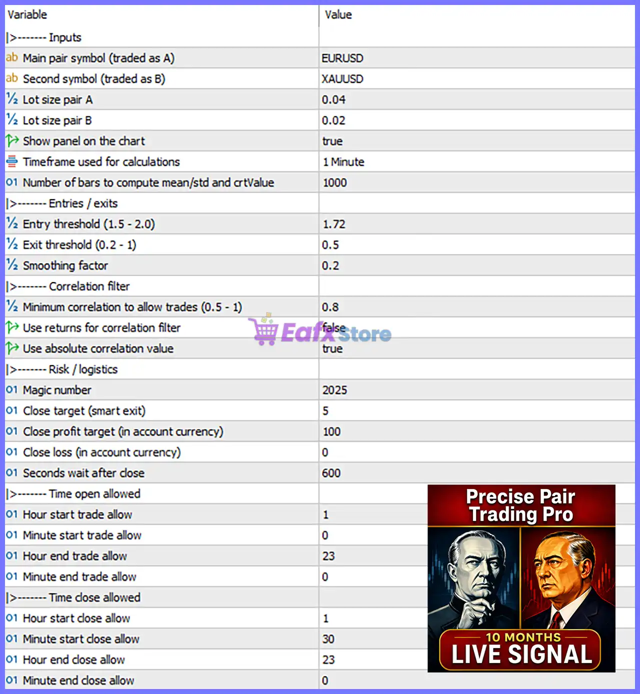 Precise Pair Trading Pro MT5 v1.9 with SetFiles (Unlimited) 5 Precise Pair Trading Pro EA Settings Panel