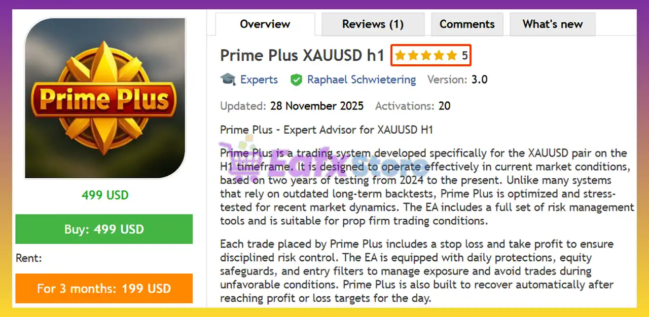Prime Plus XAUUSD H1 EA MT5 (Latest version) – Group Buy 2 Prime Plus XAUUSD H1 EA Review