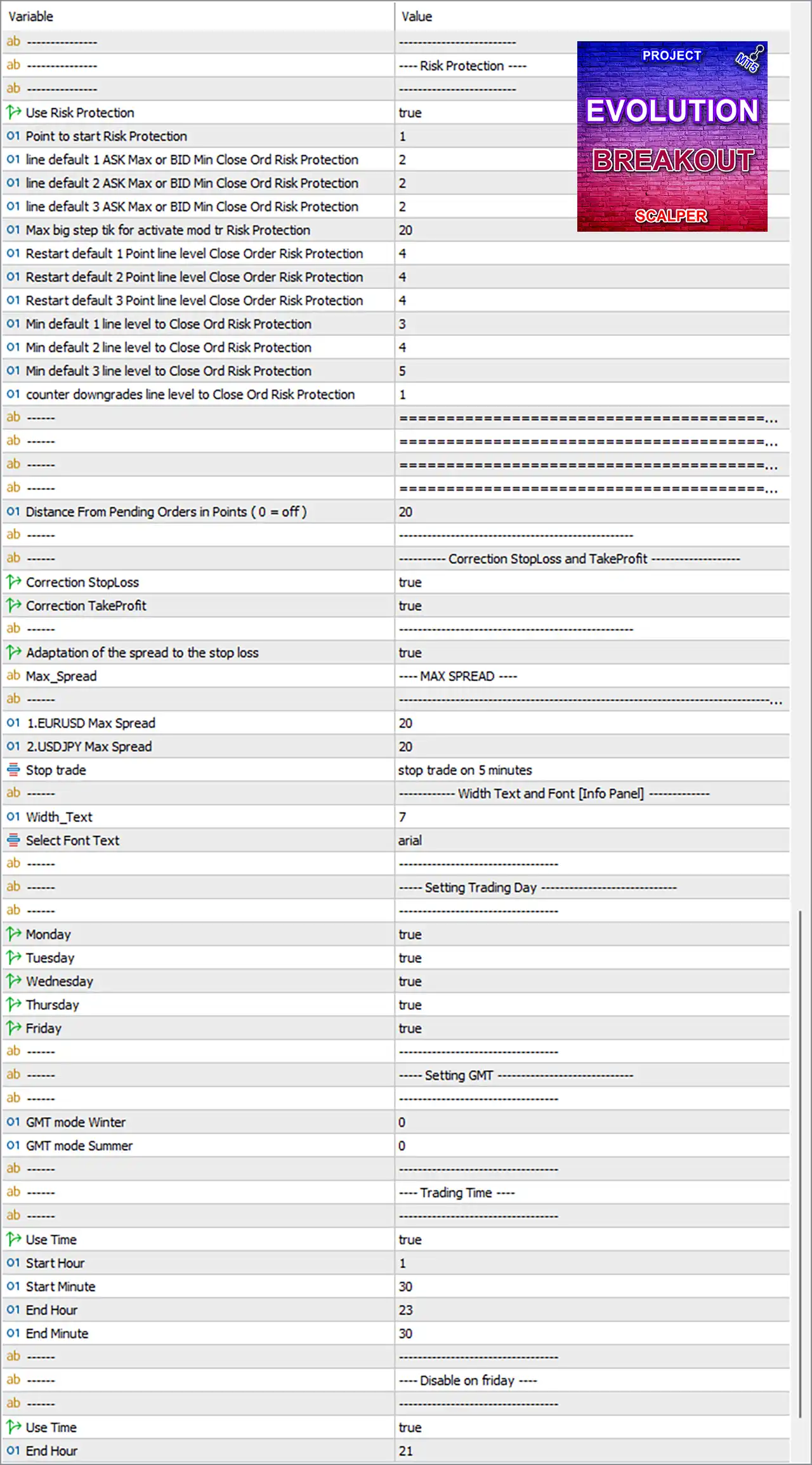 Project Evolution Breakout Scalper MT5 (Latest version) – GroupBuy 8 Project Evolution Breakout Scalper MT5 EA Settings Panel