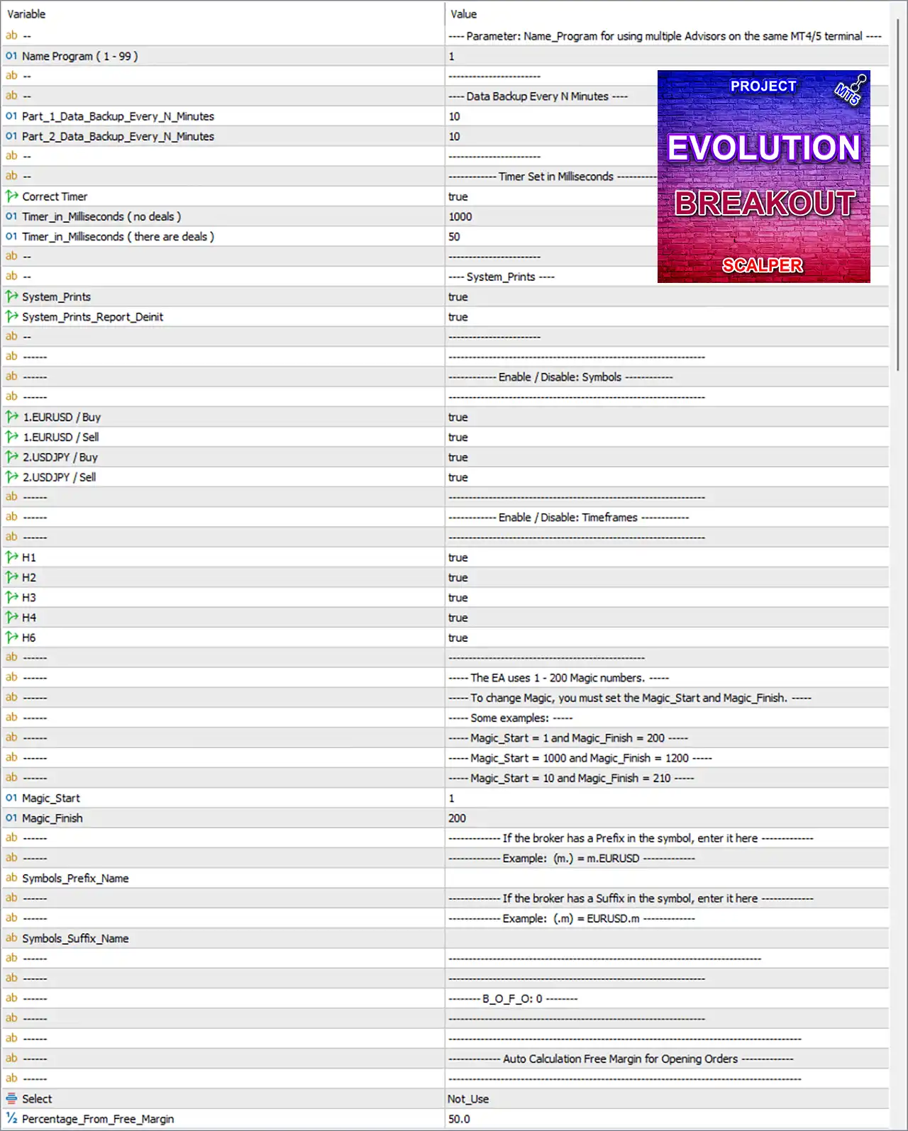 Project Evolution Breakout Scalper MT5 (Latest version) – GroupBuy 6 Project Evolution Breakout Scalper MT5 Settings Panel