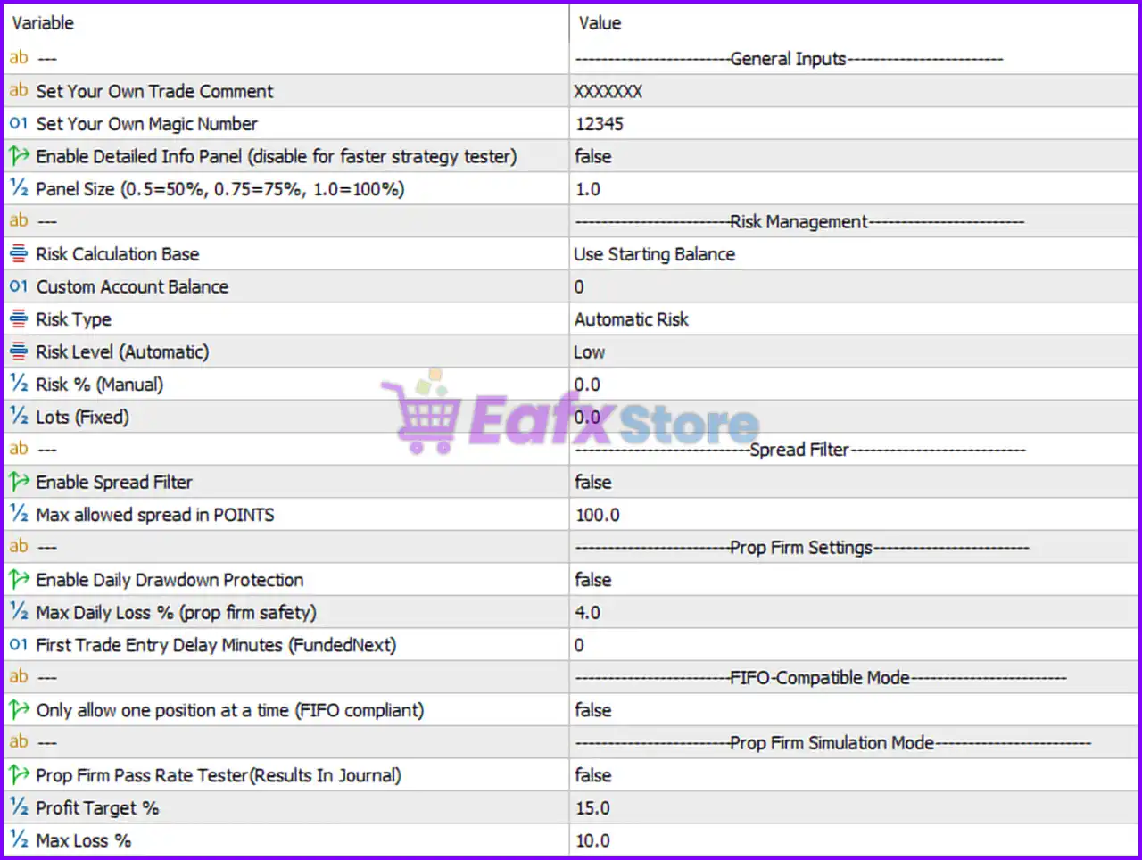 Prop Firm Gold EA MT5 Setting Panel