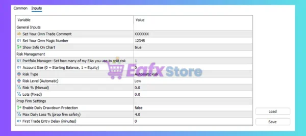 Prop Firm Gold EA MT5 Settings Panel