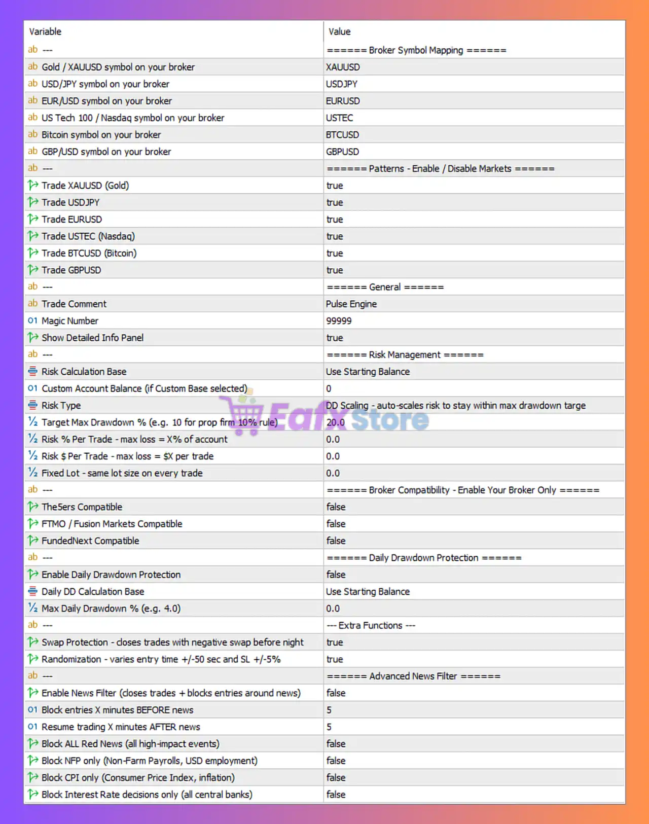 Pulse Engine EA MT5 Settings Panel