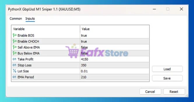 PythonX GbpUsd M1 Sniper MT5 Settings Panel