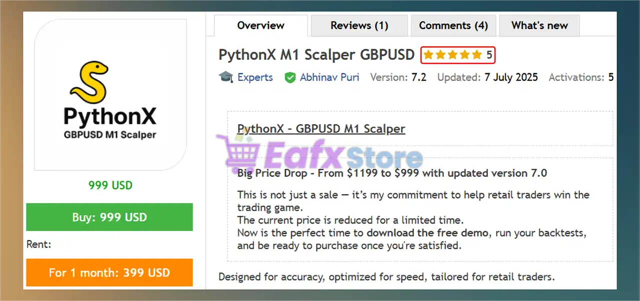 PythonX M1 Scalper GBPUSD EA MT5 (Latest version) – GroupBuy 2 PythonX M1 Scalper GBPUSD EA Overview