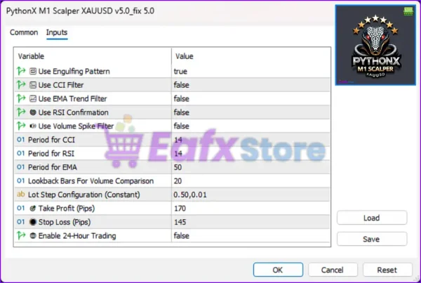 PythonX M1 Scalper XAUUSD MT5 Settings Panel