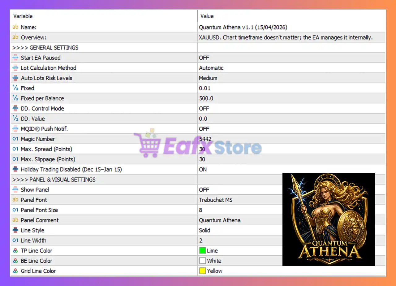Quantum Athena EA MT5 Settings Panel