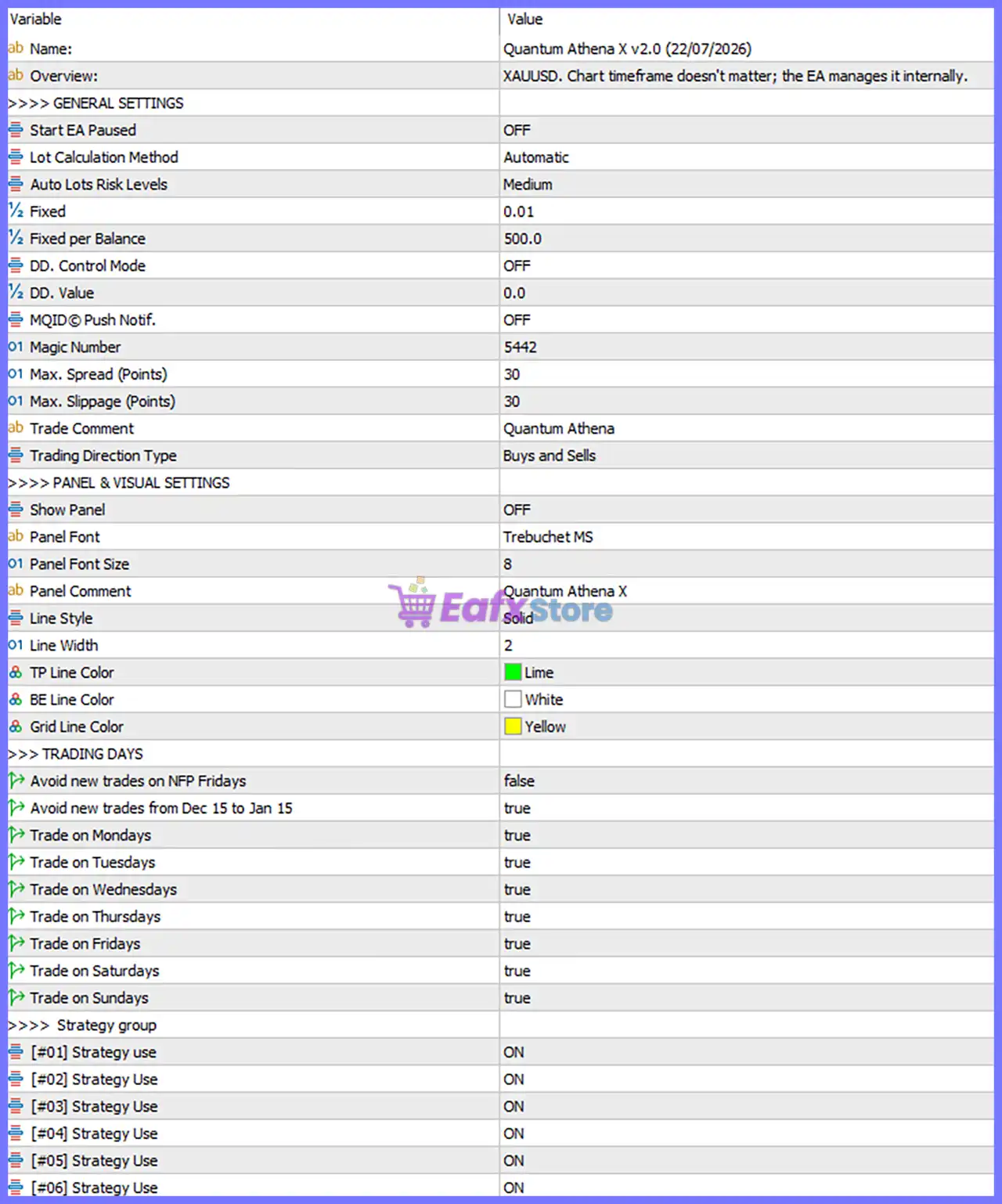 Quantum Athena X MT5 Settings Panel