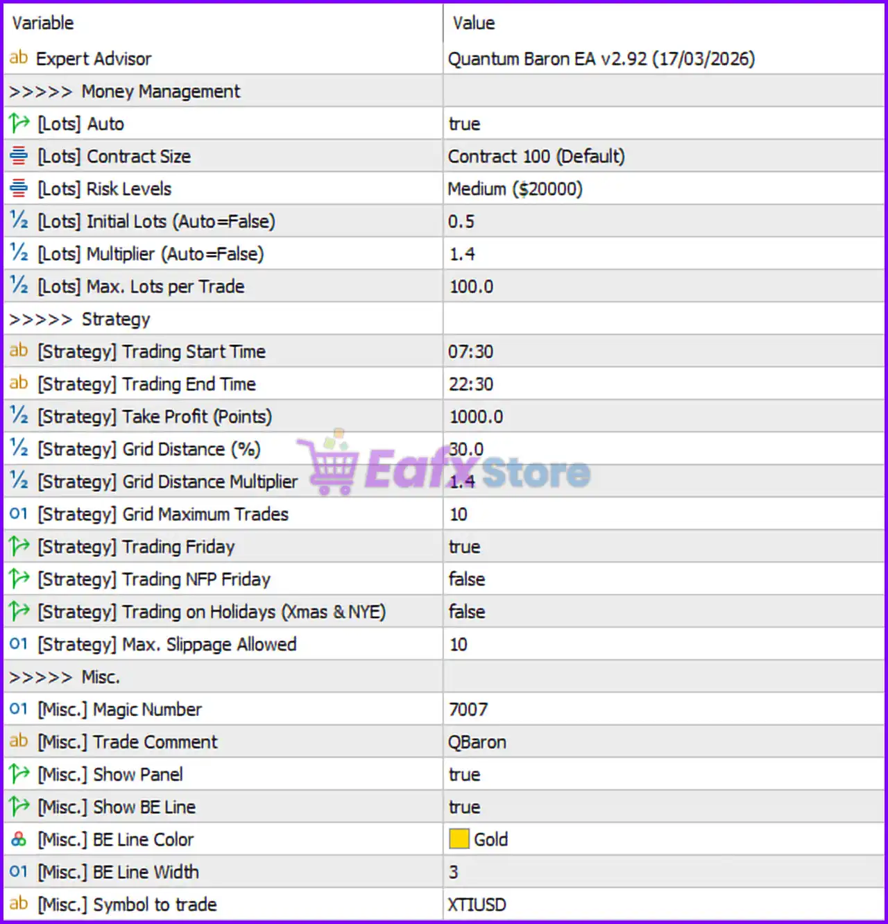 Quantum Baron EA MT5 Settings Panel