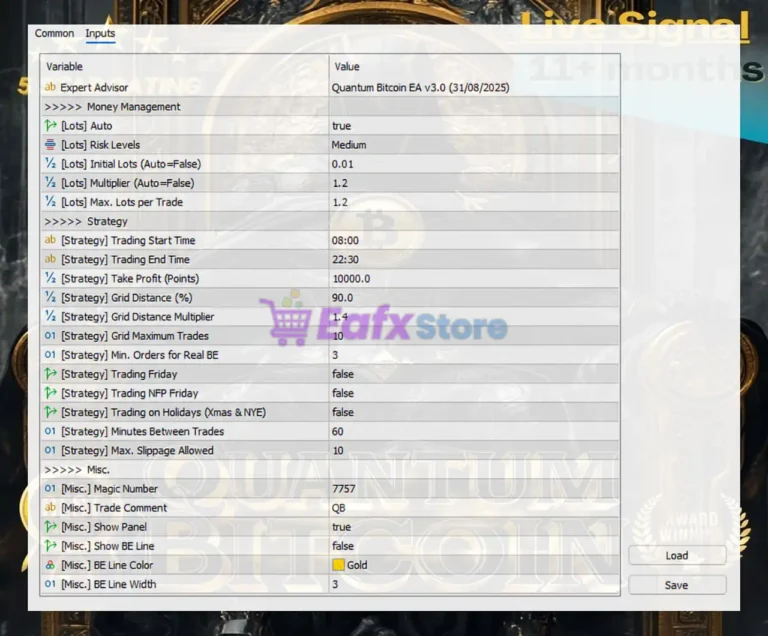 Quantum Bitcoin EA MT5 Settings Panel