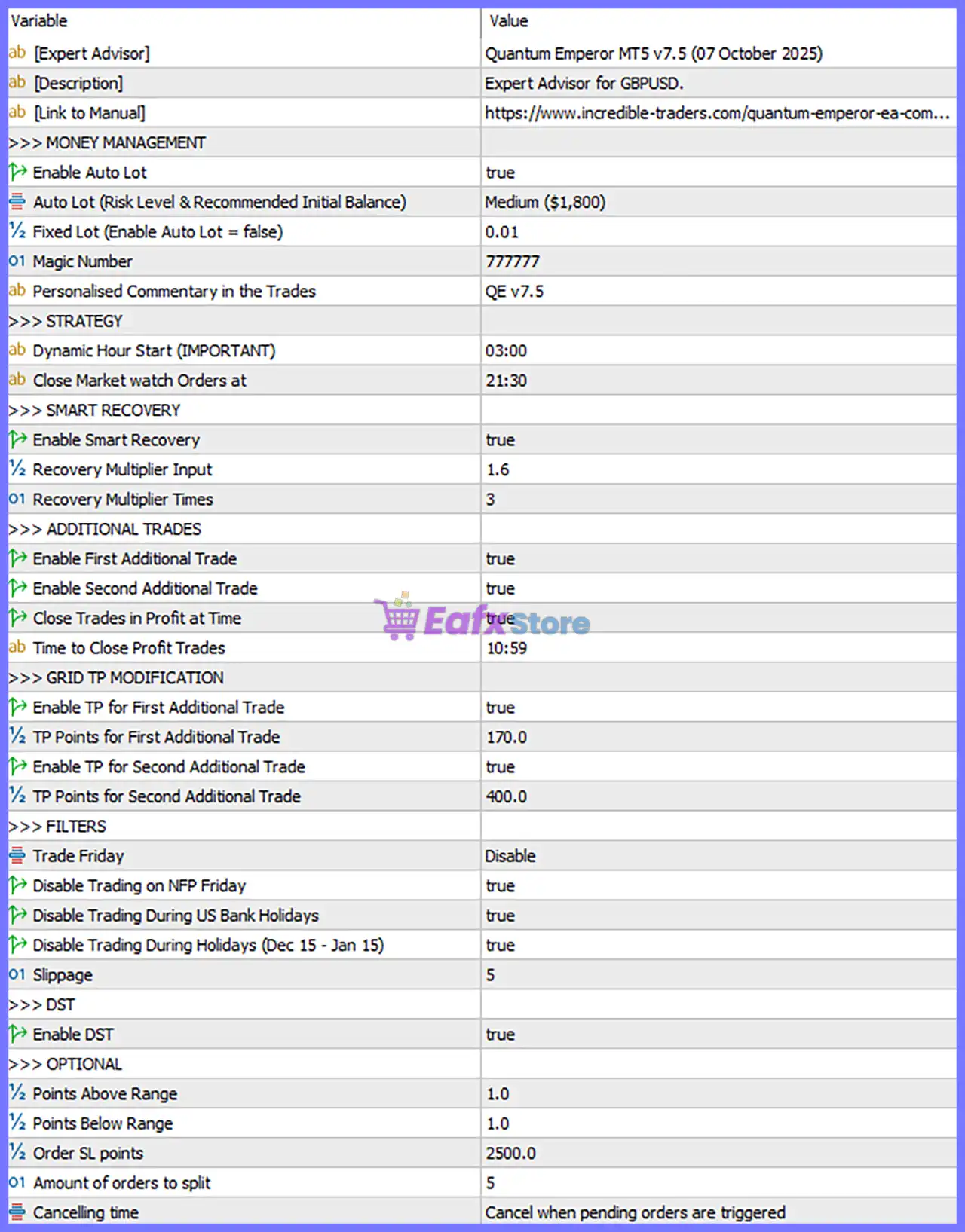 Quantum Emperor MT5 EA Settings Panel