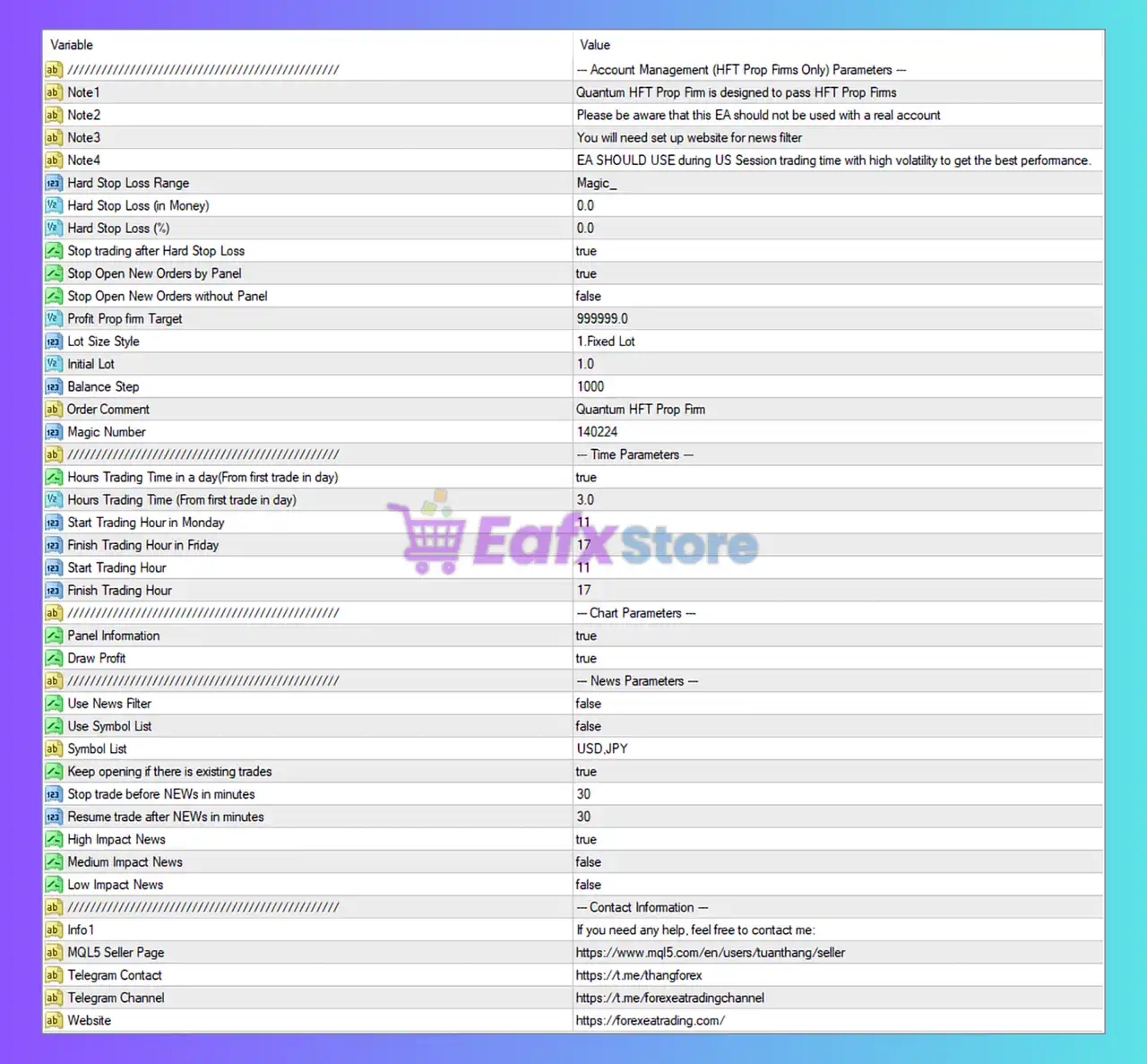 Quantum HFT Prop Firm MT4 Settings Panel