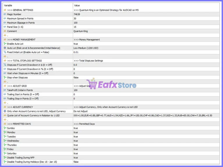Quantum King EA Settings Panel