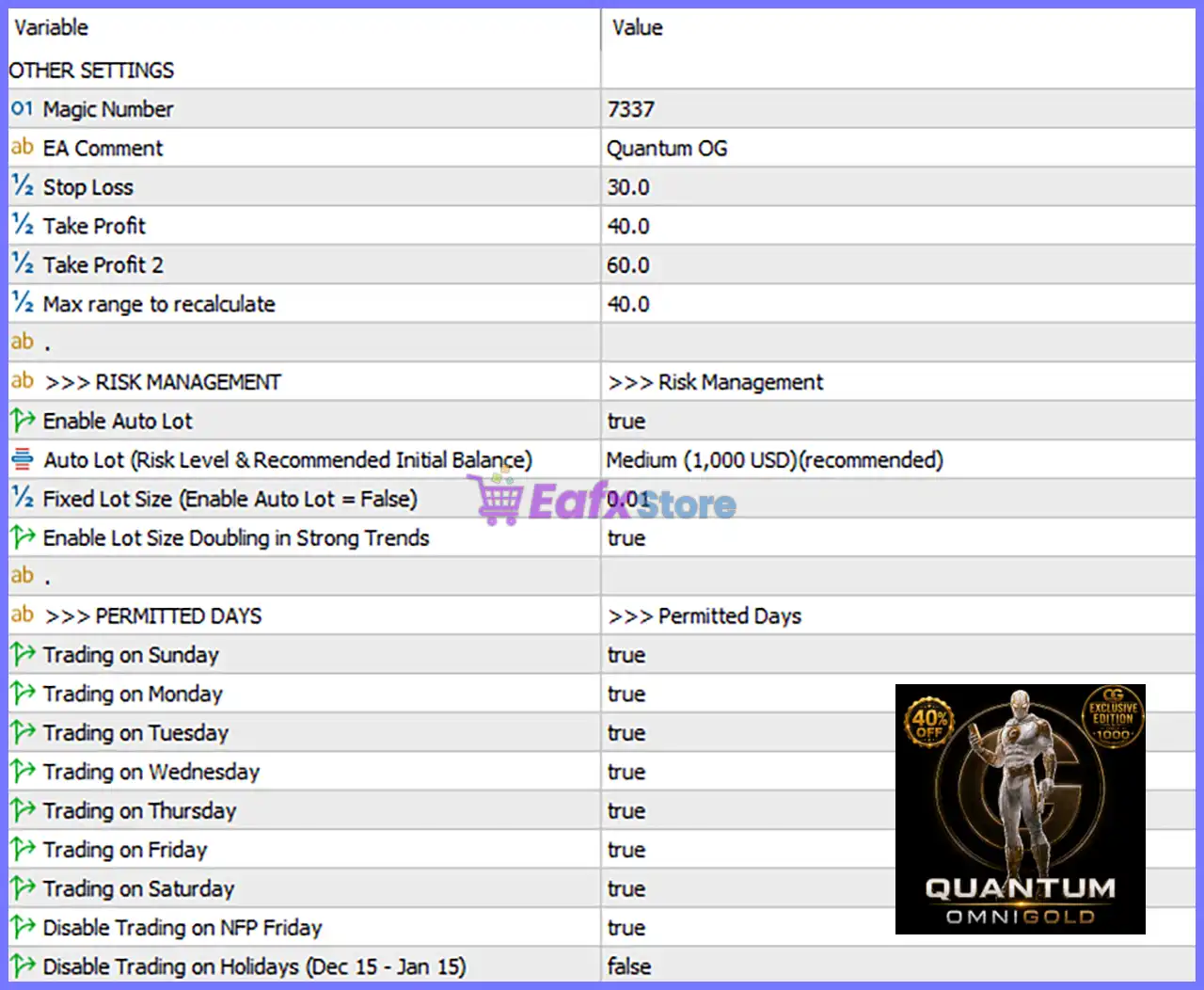 Quantum OmniGold EA MT5 Settings Panel