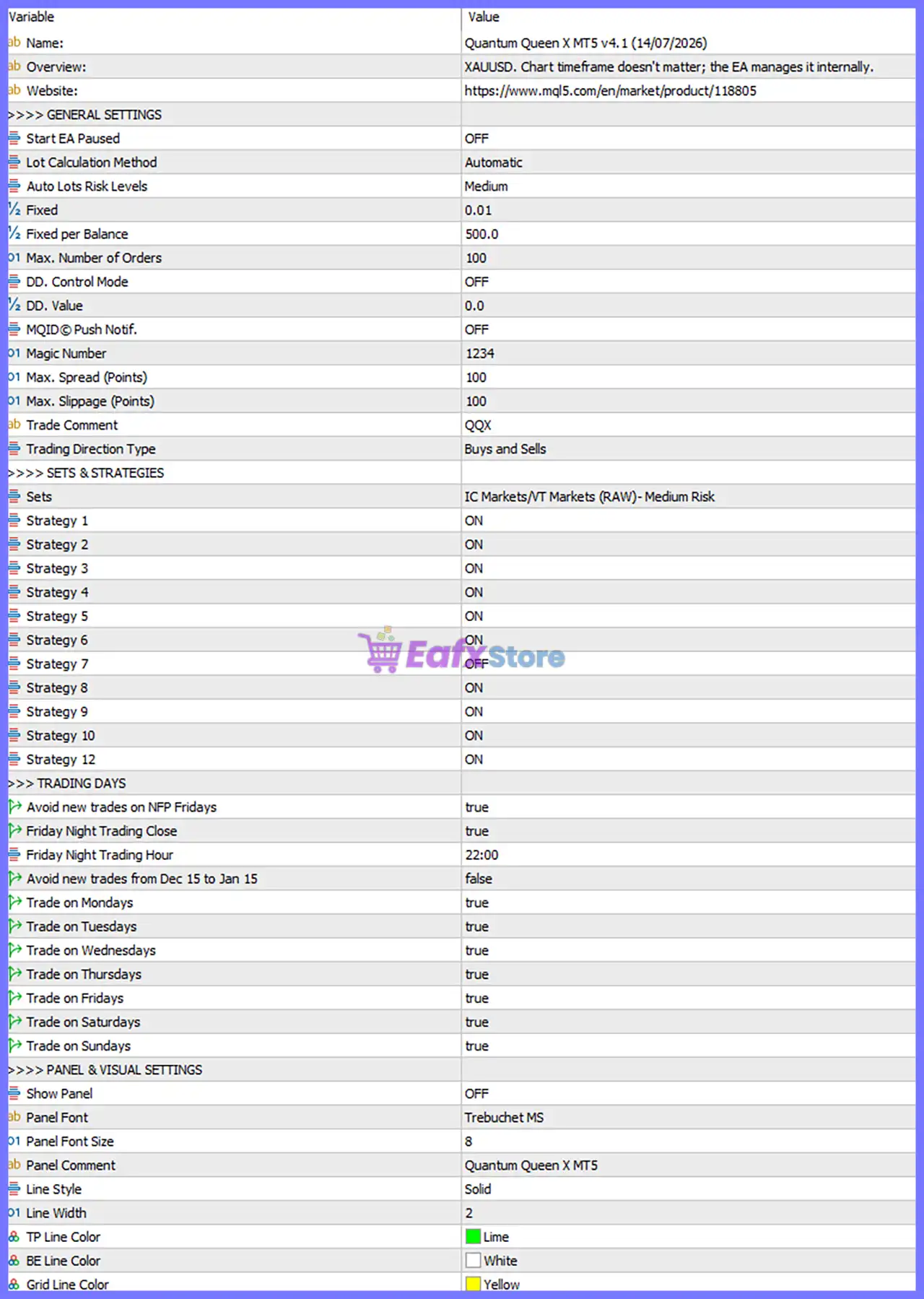 Quantum Queen X MT5 v4.1 with SetFiles (Unlimited) 7 Quantum Queen X MT5 Settings Panel
