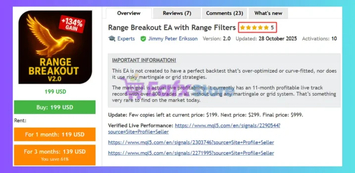 Range Breakout EA with Range Filters MT5 Review