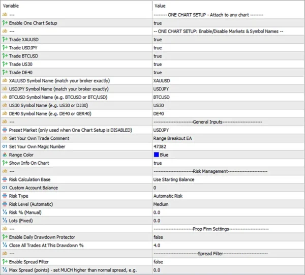 Range Breakout EA with Range Filters Settings Panel