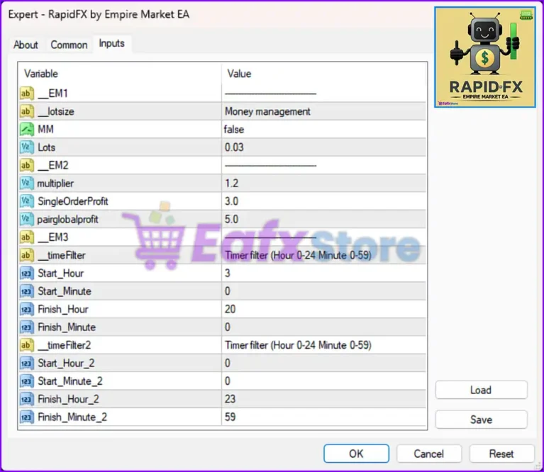 RapidFX by Empire Market EA MT4 Settings Panel