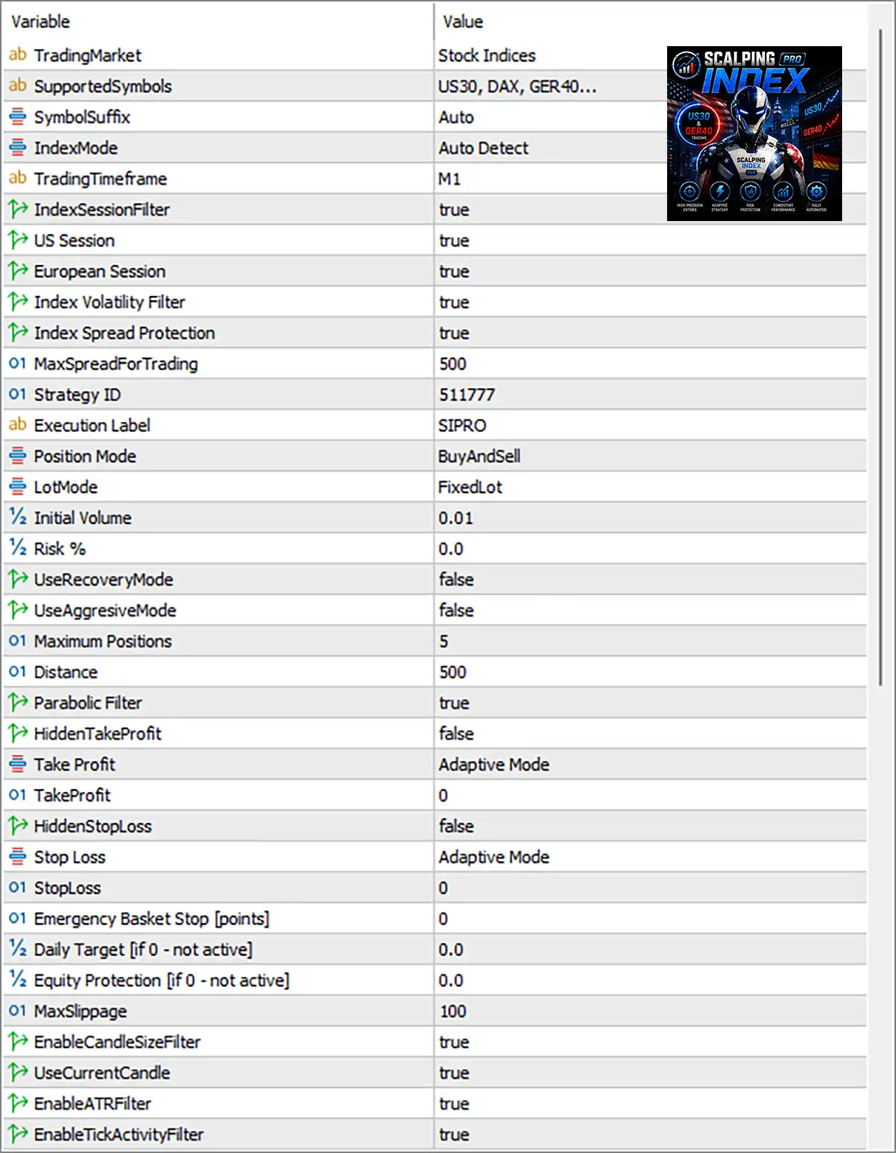 Scalping Index Pro MT5 Settings Panel