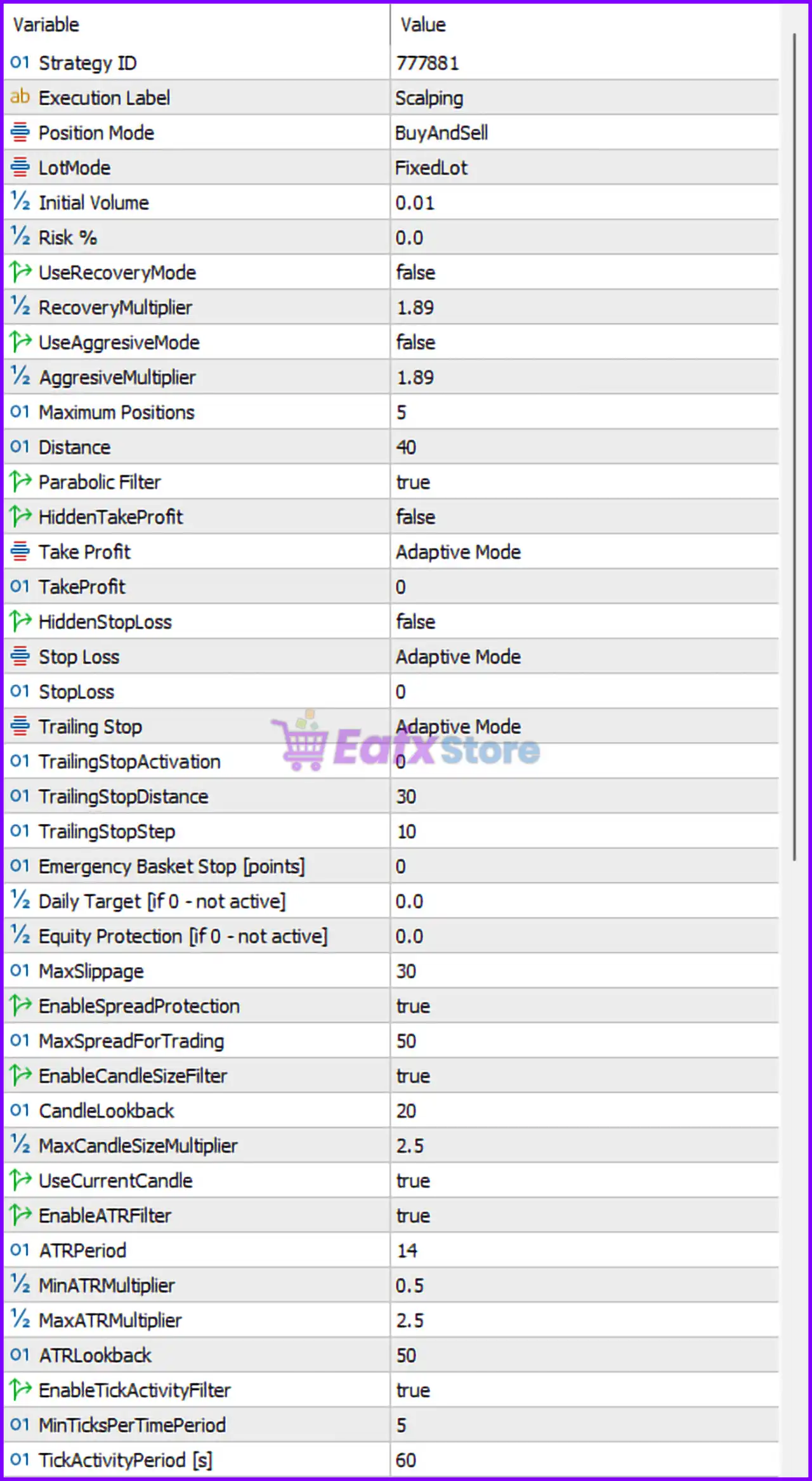 Scalping Robot Pro MT5 Settings Panel