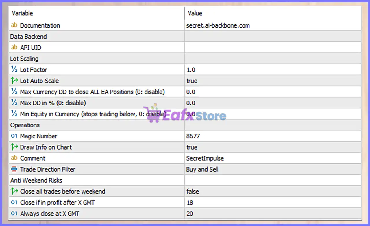 Secret Impulse EA MT5 (Latest version) – GroupBuy 5 Secret Impulse EA MT5 Settings Panel
