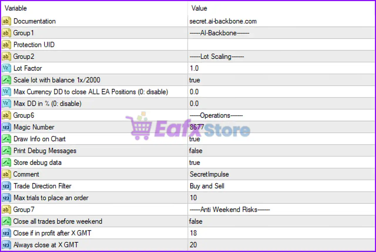 Secret Impulse MT4 Settings Panel