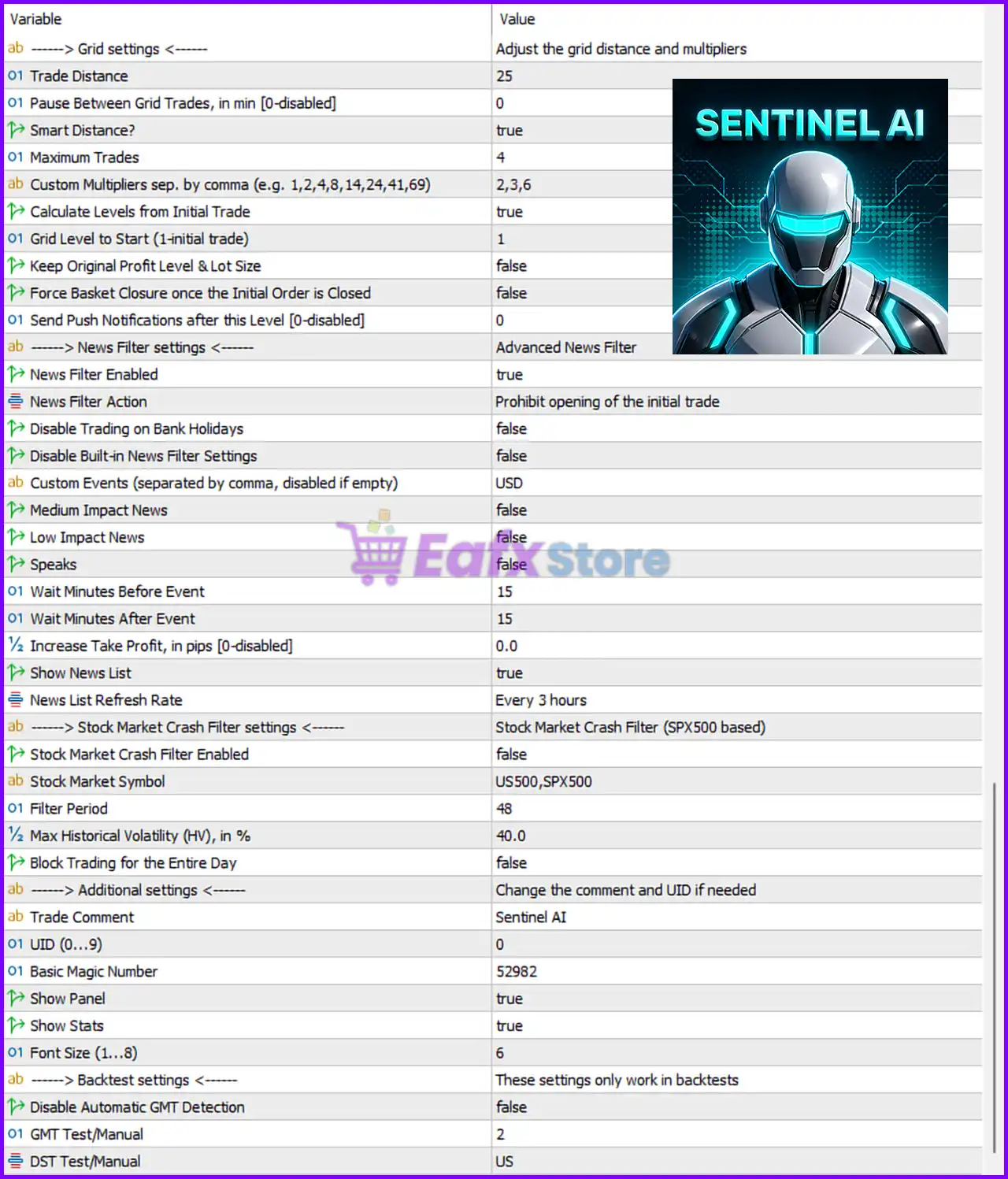 Sentinel AI MT5 Settings Panel
