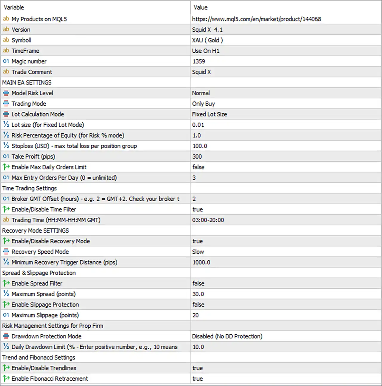 Squid X EA MT5 with SetFiles (Latest version) - Unlimited 10 Squid X EA MT5 Settings Panel