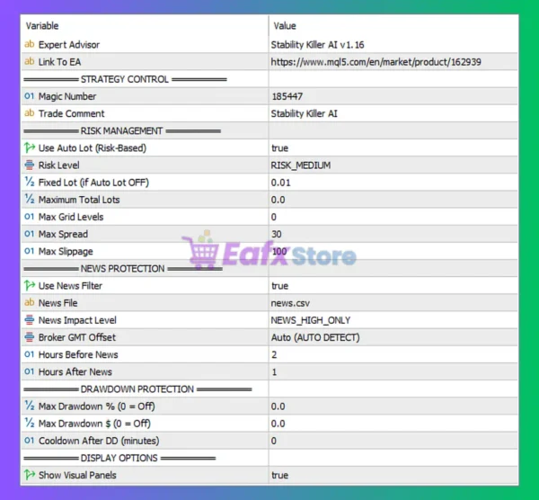 Stability Killer AI EA MT5 Settings Panel