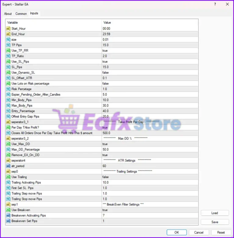 Stellar EA MT4 Settings Panel