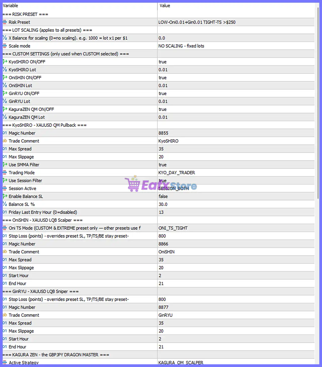 StormDRAGON EA MT5 Settings Panel