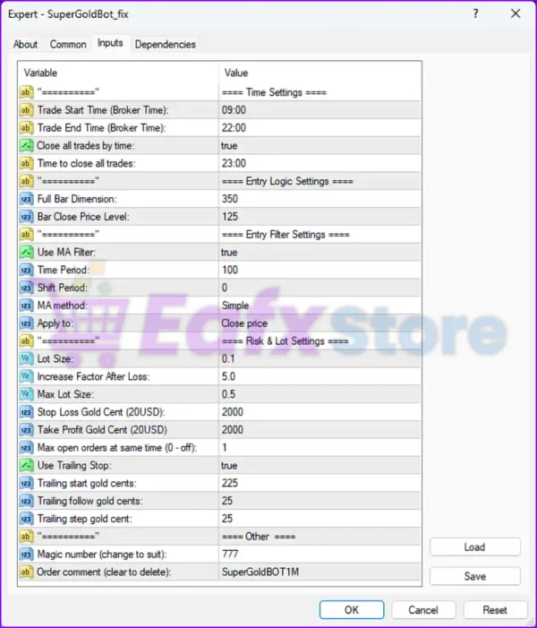 SuperGoldBot EA settings panel details