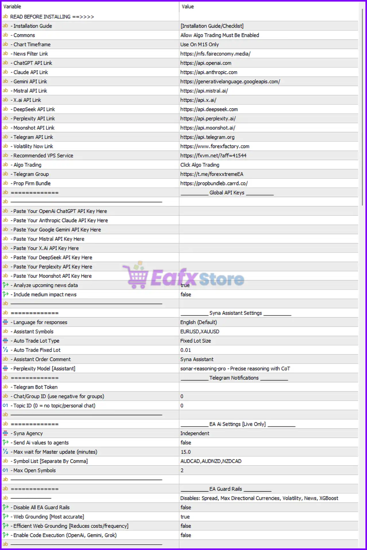 Syna EA MT5 Settings Panel