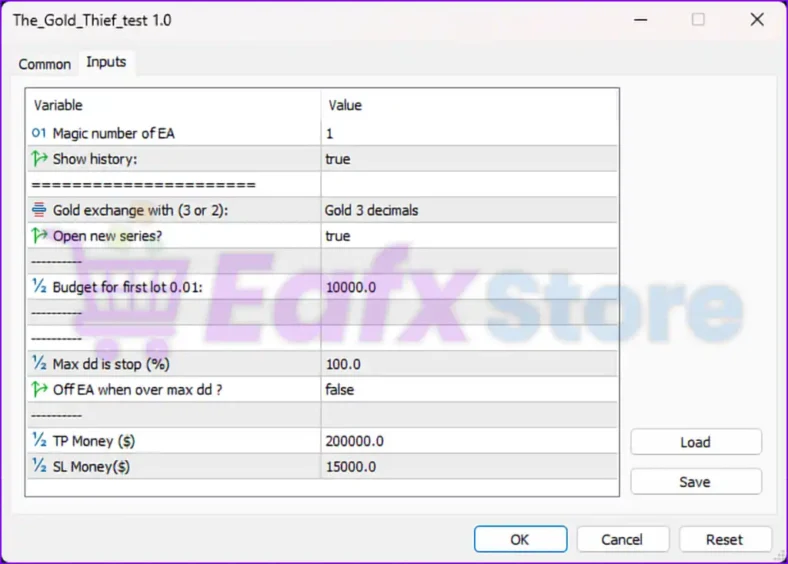 The Gold Thief EA MT5 settings panel details