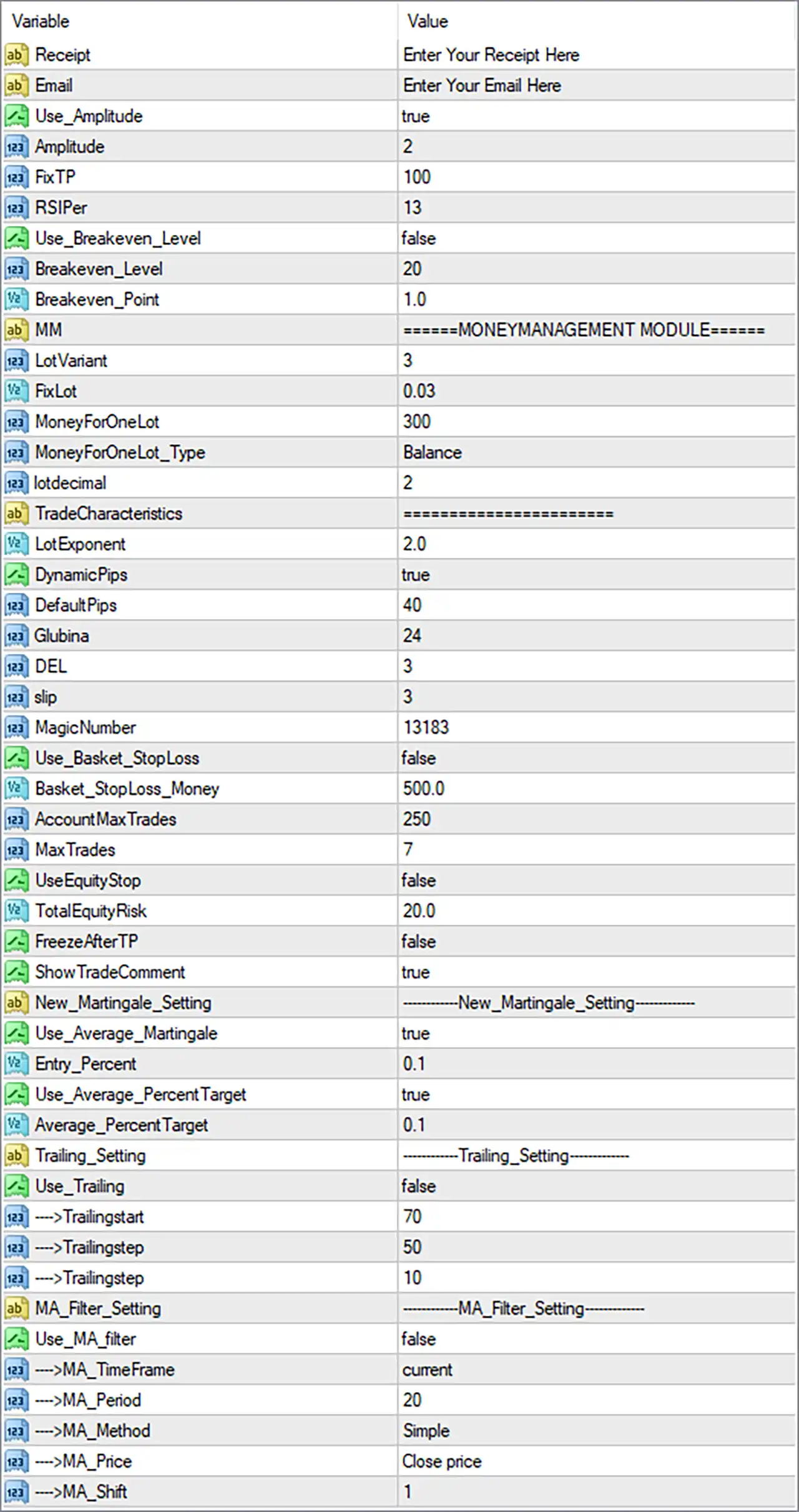 Trade Explorer EA MT4 Settings Panel