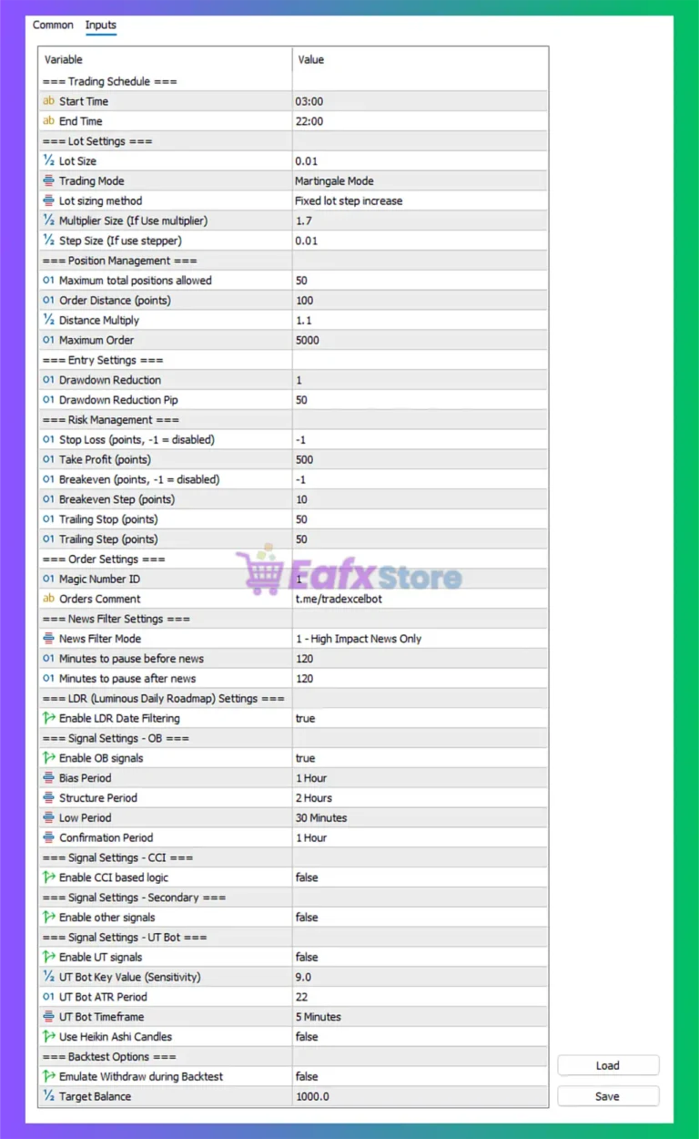 TradeXcel EA MT5 Settings Panel