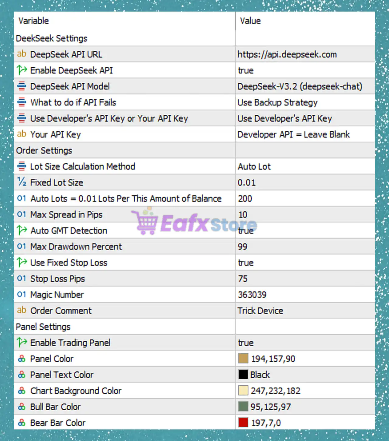 Trick Device EA MT5 Settings Analysis & Full Reviews 3 Trick Device EA MT5 Settings Panel