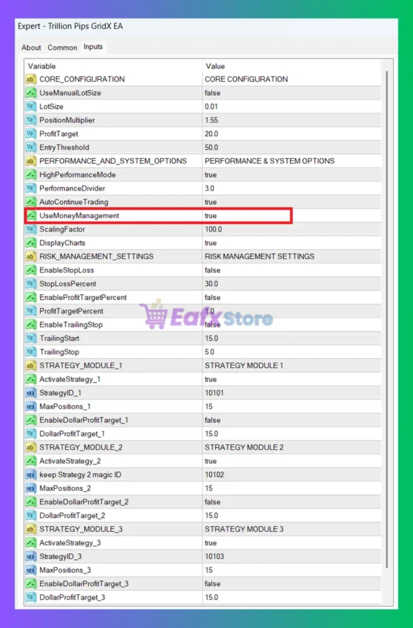Trillion Pips GridX EA Settings