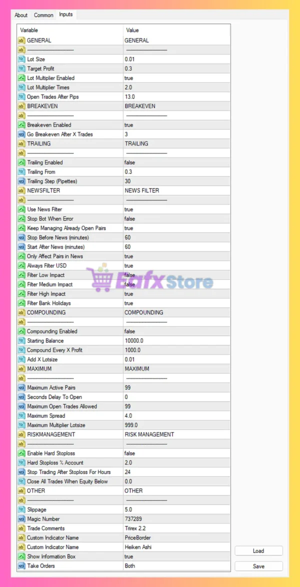 Trirex Wave EA MT4 Settings Panel