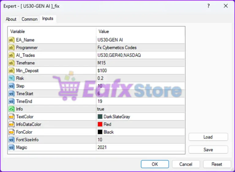 US30 GEN AI EA MT4 Settings Panel