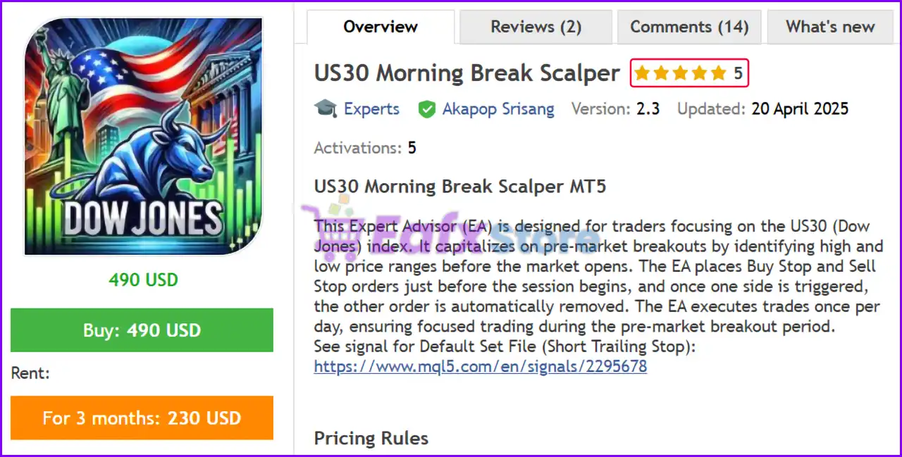 US30 Morning Break Scalper MT5 (Latest version) – GroupBuy 2 US30 Morning Break Scalper MT5 Overview