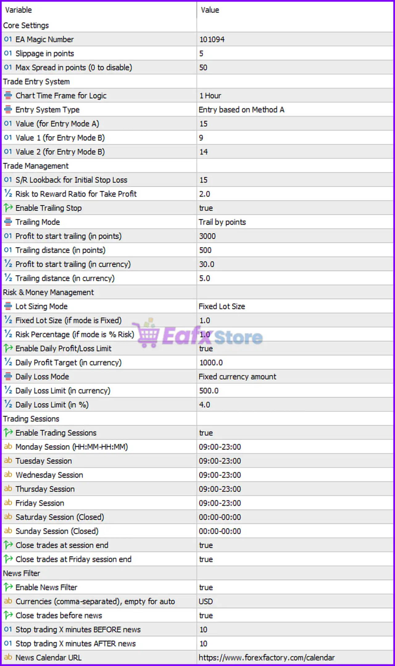 US500 Pulse EA MT5 Settings Panel