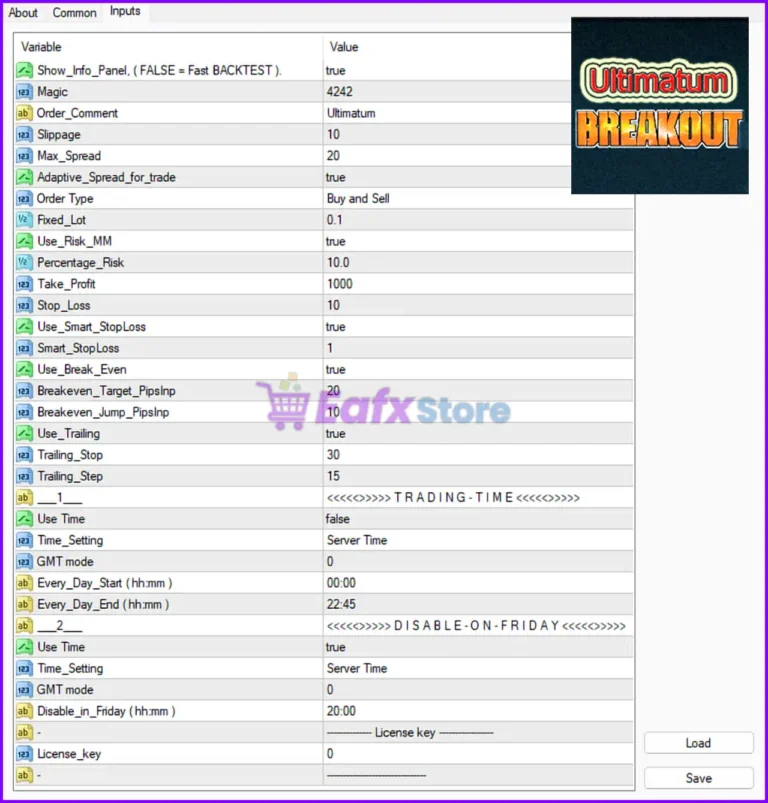 Ultimatum Breakout EA MT4 Settings Panel
