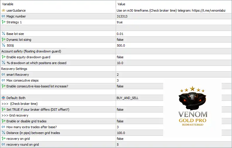Venom Gold Pro EA MT5 Settings Panel