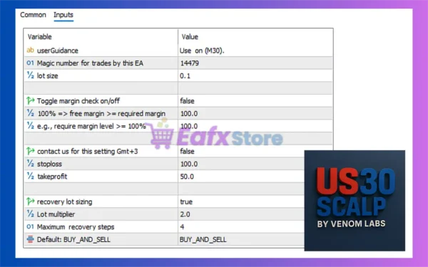 Venom Us30 Scalp MT5 Settings Panel